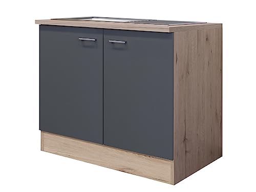 Flex-Well Spülenunterschrank mit Arbeitsplatte & Spüle - 100 cm breit - Basaltgrau Matt San Remo Eiche – Moren von Flex-Well