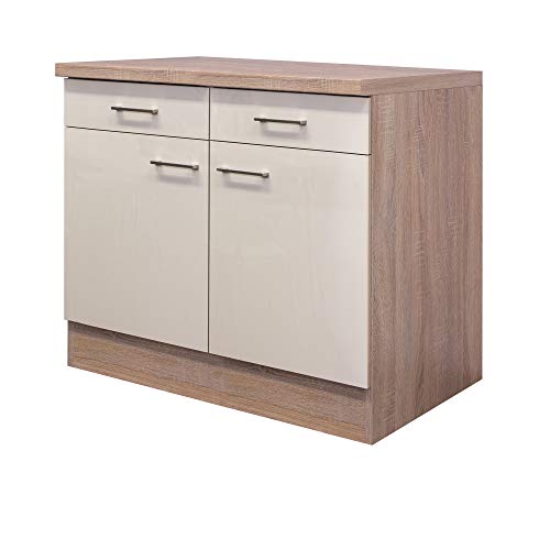 Flex Well Unterschrank Nepal - Küchenschrank - 2-türig - 2 Schubladen - Breite 100 cm - Creme glänzend/Eiche Sonoma von Flex Well