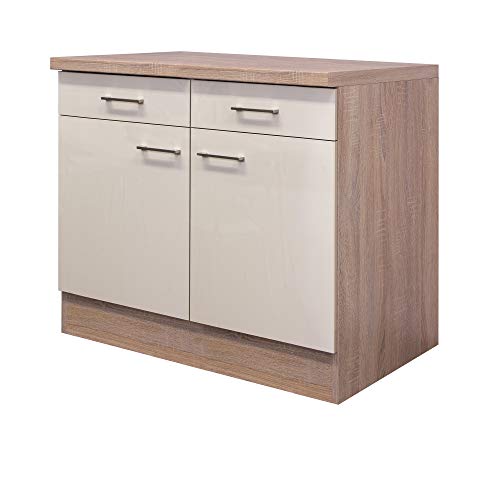 Flex-Well Unterschrank Nepal - Küchenschrank - 2-türig - 2 Schubladen - Breite 100 cm - Creme glänzend/Eiche Sonoma von Flex-Well