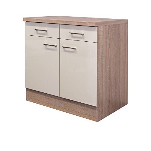 Flex Well Unterschrank Nepal - Küchenschrank - 2-türig - 2 Schubladen - Breite 80 cm - Creme glänzend/Eiche Sonoma von Flex Well