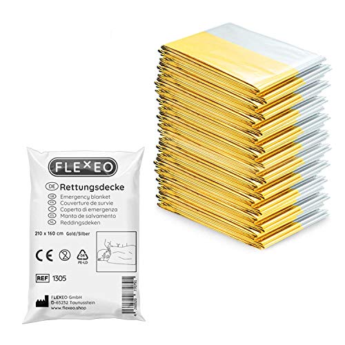 FLEXEO 10x Rettungsdecke Gold Silber - 210cm x 160cm - Rettungsfolie - Notfall - Erste-Hilfe-Decke - Notfalldecke - Rettungsdecken - Emergency Blanket - Goldfolie - Silberfolie von FLEXEO