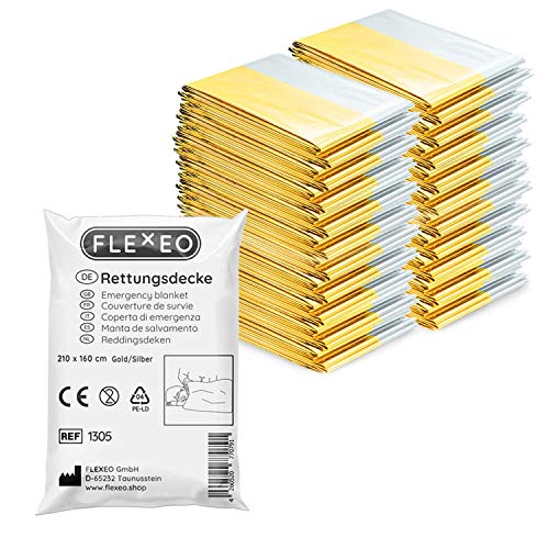 20x Rettungsdecke Gold Silber - 210cm x 160cm - Rettungsfolie - Notfall - Erste-Hilfe-Decke - Notfalldecke - Rettungsdecken - emergency blanket - Goldfolie - Silberfolie von FLEXEO