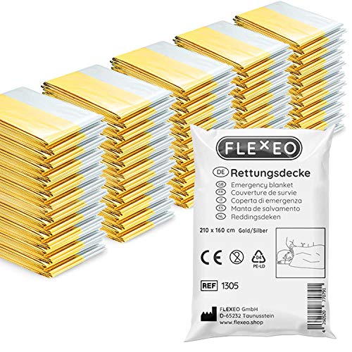 FLEXEO 50x Rettungsdecke Gold Silber - 210cm x 160cm - Rettungsfolie - Notfall - Erste-Hilfe-Decke - Notfalldecke - Rettungsdecken - Emergency Blanket - Goldfolie - Silberfolie von FLEXEO