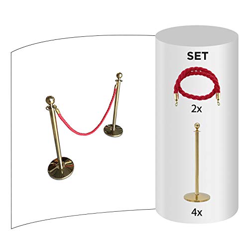 4-Stück-Set FLEXIBARRIER Personenleitsystem Absperrung mit Kordel -Basic- (Gold) Kordelständer/Absperrständer (4X Pfosten + 2X Rot Kordel) von FlexiBarrier