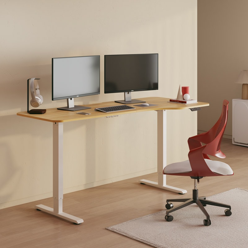 Elektrisch Höhenverstellbarer Schreibtisch - FlexiSpot Lite, Ahornplatte + Weißes Gestell mit 140x60cm Tischplatte von FlexiSpot