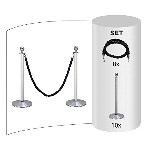 10-Stück-Set FLEXIBARRIER Personenleitsystem Absperrung mit Kordel -Basic- (Silber) Kordelständer/Absperrständer (10x Pfosten + 8X Schwarz Kordel) von Flexibarrier