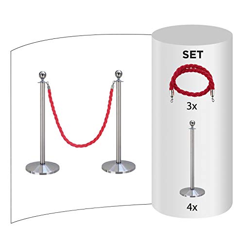 4-Stück-Set FLEXIBARRIER Personenleitsystem Absperrung mit Kordel -Basic- (Silber) Kordelständer/Absperrständer (4X Pfosten + 3X Rot Kordel) von Flexibarrier