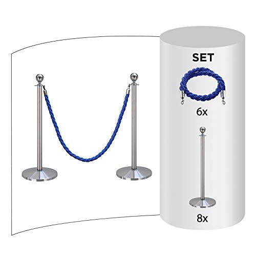 8-Stück-Set FLEXIBARRIER Personenleitsystem Absperrung mit Kordel -Basic- (Silber) Kordelständer/Absperrständer (8X Pfosten + 6X Blau Kordel) von Flexibarrier