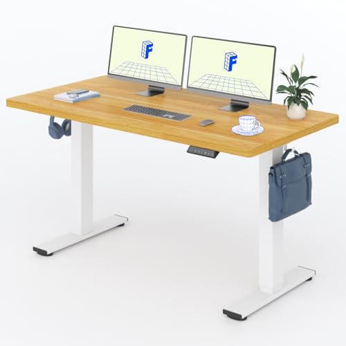 FLEXISPOT Höhenverstellbarer Schreibtisch 140×80cm, mit Haken und 25mm EINTEILIGER Tischplatte, ergonomischer Schreibtisch mit LED-Höhenanzeige und Memory-Funktion (Ahorn, Weiß) von FLEXISPOT