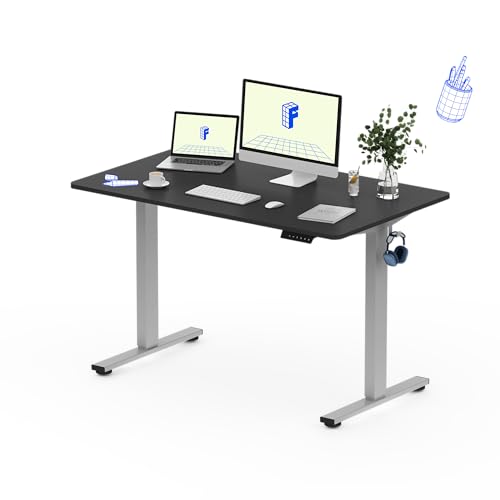 FLEXISPOT Höhenverstellbarer Schreibtisch 140×80cm, mit Haken und 25mm EINTEILIGER Tischplatte, ergonomischer Schreibtisch mit LED-Höhenanzeige und Memory-Funktion (Schwarz, Grau) von FLEXISPOT