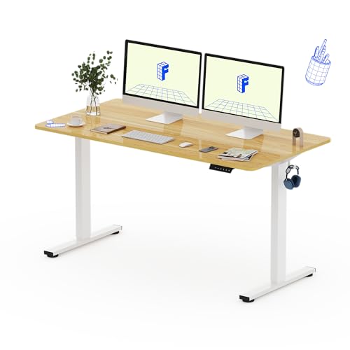 FLEXISPOT Höhenverstellbarer Schreibtisch 160×80cm, mit Haken und 25mm EINTEILIGER Tischplatte, ergonomischer Schreibtisch mit LED-Höhenanzeige und Memory-Funktion (Ahorn, Weiß) von FLEXISPOT