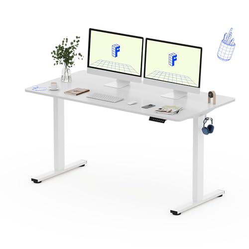 FLEXISPOT Höhenverstellbarer Schreibtisch 160×80cm, mit Haken und 25mm EINTEILIGER Tischplatte, ergonomischer Schreibtisch mit LED-Höhenanzeige und Memory-Funktion (Weiß, Weiß) von FLEXISPOT