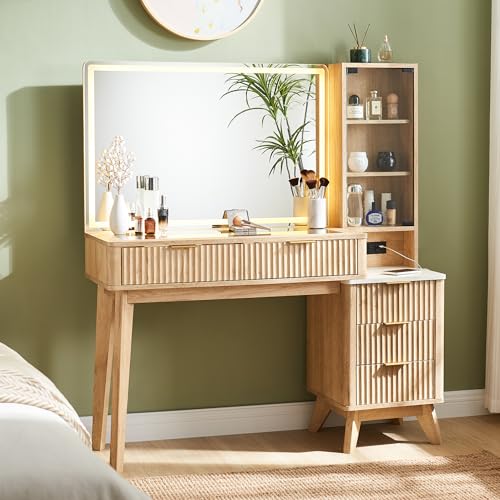 Flexoliving 122cm Große Geriffelter Schminktisch mit 91cm HD LED Beleuchtetem Spiegel, Einstellbare Helligkeit, Moderner Frisiertisch Holz mit Glasplatte, Geteilte Schubladen, Steckdose (Natur-Eiche) von Flexoliving