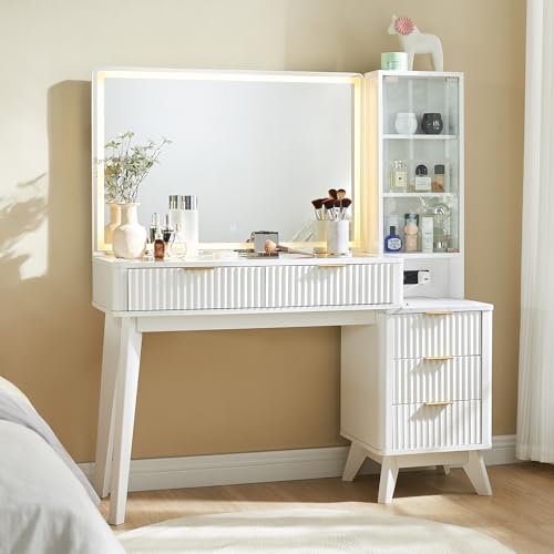 Flexoliving 122cm Große Geriffelter Schminktisch mit 91cm HD LED Beleuchtetem Spiegel, Einstellbare Helligkeit, Moderner Frisiertisch Holz mit Glasplatte, Geteilte Schubladen, Steckdose (Weiß) von Flexoliving