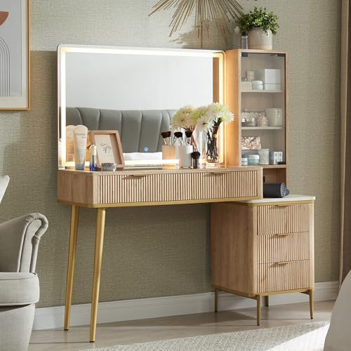 Flexoliving Geriffelter Schminktisch mit 36" (91 cm) HD-beleuchtetem Spiegel, 48" (122 cm) Großer Moderner Frisiertisch mit Spiegel & Beleuchtung (Natur-Eiche) von Flexoliving
