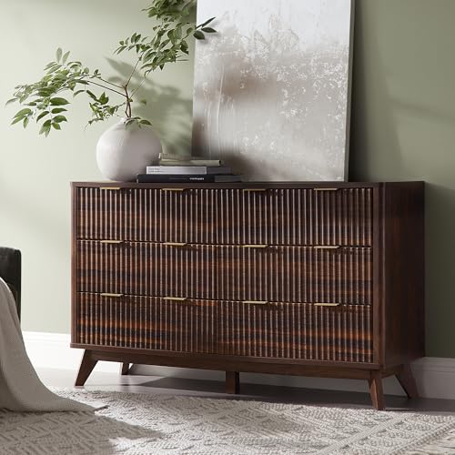Flexoliving Kommode mit 6 Schubladen, 137 cm Moderner Rillen-Hochschrank mit Melaminplatte in Marmor-Optik, Gewölbtes Design (Dunkel-Walnuss) von Flexoliving