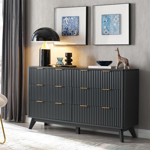 Flexoliving Kommode mit 6 Schubladen, 137 cm Moderner Rillen-Hochschrank mit Melaminplatte in Marmor-Optik, Gewölbtes Design (Dunkelgrau) von Flexoliving