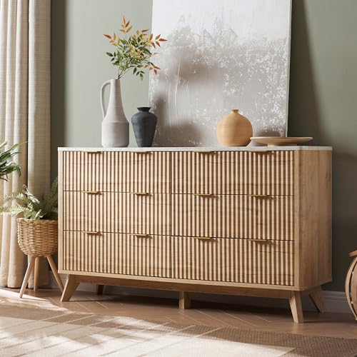 Flexoliving Kommode mit 6 Schubladen, 137 cm Moderner Rillen-Hochschrank mit Melaminplatte in Marmor-Optik, Gewölbtes Design (Natur-Eiche) von Flexoliving