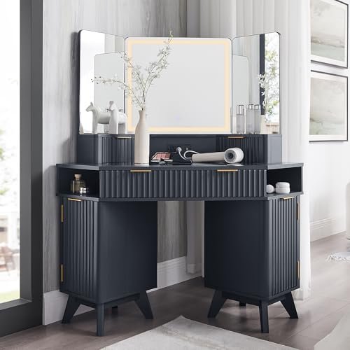 Flexoliving Rillen-Kosmetiktisch mit 3-Wege-Spiegel & Beleuchtung, Eck-Schminktisch 122 cm mit Glasplatte, 3 Schubladen, Stauraum & Ladestation (Dunkelgrau) von Flexoliving