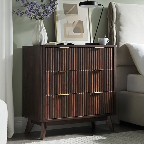 Flexoliving Rillen-Nachttisch mit 3 Schubladen, 81 cm Moderner Rillen-Beistelltisch mit Melaminplatte in Marmor-Optik, Gewölbtes Design, Für Schlafzimmer & Wohnzimmer (Dunkel-Walnuss) von Flexoliving