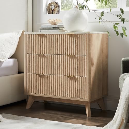 Flexoliving Rillen-Nachttisch mit 3 Schubladen, 81 cm Moderner Rillen-Beistelltisch mit Melaminplatte in Marmor-Optik, Gewölbtes Design, Für Schlafzimmer & Wohnzimmer (Natur-Eiche) von Flexoliving