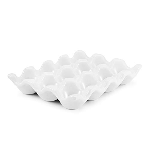 Flexzion 12 Eier Keramik Eierhalter, 12er Porzellan Eierablage Aufbewahrungsbox, Rutschfester Eierteller Eierplatte Eierbehälter Eierträger Eierbox für Zuhause Küche Kühlschrank Restaurant - Weiß von Flexzion