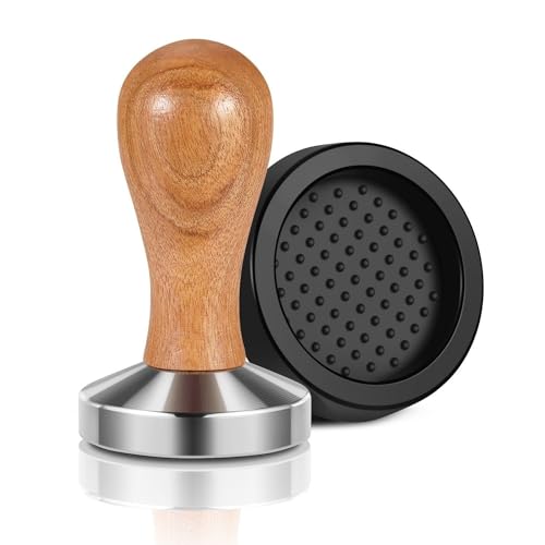 Flexzion Kaffee-Tamper-Maschine 58 mm Durchmesser Edelstahl flacher Boden Griff Barista Espresso Bohnen Presswerkzeug in Silber Küchenzubehör 1 58 mm Basis Holz von Flexzion