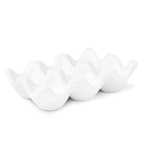 Flexzion 6 Eier Keramik Eierhalter, 6er Porzellan Eierablage Aufbewahrungsbox, Rutschfester Eierteller Eierplatte Eierbehälter Eierträger Eierbox für Zuhause Küche Kühlschrank Restaurant - Weiß von Flexzion