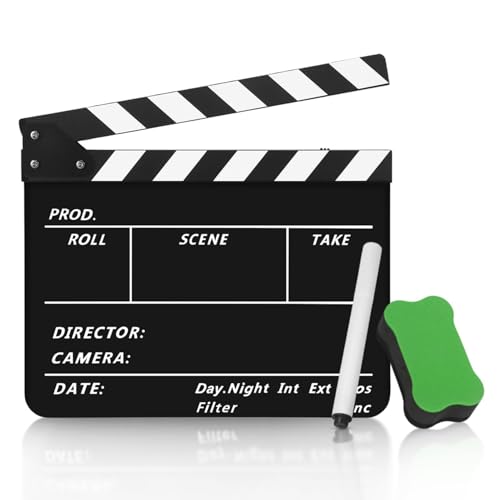 Flexzion Acryl-Kunststoff Klappertafel Regieklappe Trockenes Radiergummi Schnitt Action-Szene Schiefertafel für Hollywood-Kamera Filmstudio Heimkino mit schwarzen/weißen Streifen, 25 cm x 30 cm von Flexzion