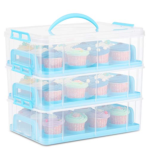 Flexzion Aufbewahrungskorb für Cupcakes (36 Fächer, 3 Etagen) – für 36 Cupcakes oder 3 große Kuchen, Gebäck, transparenter Kunststoff, mit 3 Ebenen, stapelbarer Einsatz (blau) von Flexzion