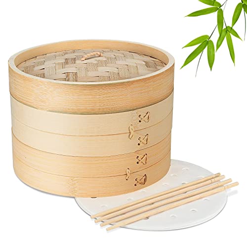 Flexzion Bambus Dampfgarer Set, Asiatischer Bambusdämpfer 2 Etagen mit Deckel, 20,3 cm Dämpfkorb mit 50 Backpapier & 2 Paar Essstäbchen, für Knödel, Fleisch, Fisch, Gemüse, Reise von Flexzion