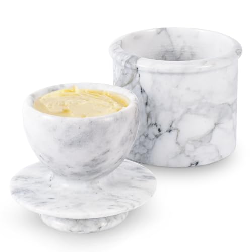 Flexzion Buttertopf aus Marmor mit Deckel – Französischer Buttertopf aus Keramik für Theke mit Wasserlinie für Küche, Heimdekoration und Einweihungsgeschenk, Grau von Flexzion