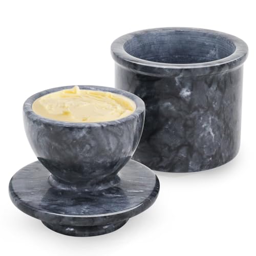 Flexzion Buttertopf aus Marmor mit Deckel – Französischer Keramik-Buttertopf für Theke mit Wasserlinie für Küche, Heimdekoration und Einweihungsgeschenk, Schwarz von Flexzion