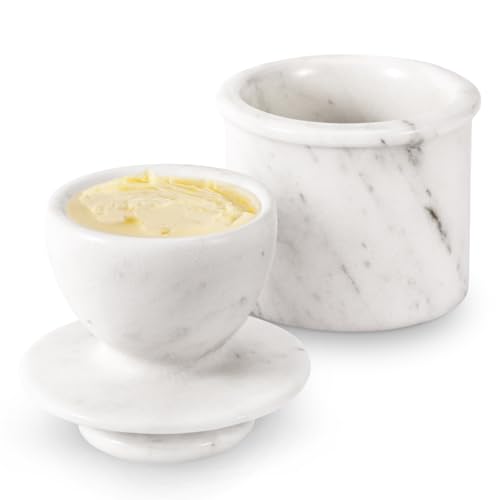 Flexzion Buttertopf aus Marmor mit Deckel – Französischer Keramik-Buttertopf für Theke mit Wasserlinie für Küche, Heimdekoration und Einweihungsgeschenk, Weiß von Flexzion