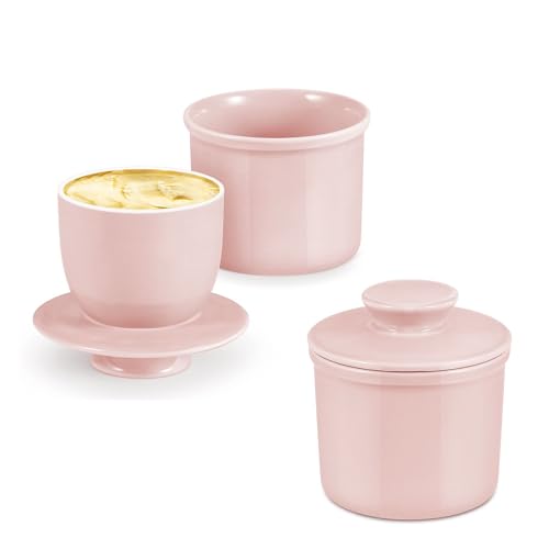 Flexzion Buttertopf aus Porzellan, französische Butterdose mit Deckel, Tischplatte, streichbar, weich und mit Süßwasser versiegelt, Café, Retro-Kollektion, Bauernhaus-Dekoration, 2 Stück (Rosa) von Flexzion