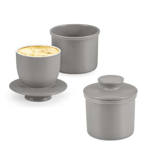 Flexzion Buttertopf aus Porzellan, französische Butterdose mit Deckel, streichbar, weich und mit Wasser versiegelt, Café, Retro-Kollektion, Bauernhaus-Dekoration, 2 Stück (grau) von Flexzion