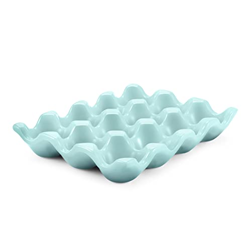 Flexzion Ceramic 12 Cups Egg Tray - Whole Dozen Porcelain Egg Holder Container Keeper Storage Organizer Decorative Serving Stand Serveware for Refrigerator Fridge Countertop Display Kitchen von Flexzion