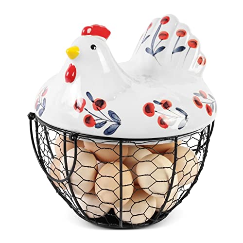 Flexzion Chicken Egg Basket, Egg Storage Holder Organizer, Black Metal Wire Mesh Basket with Ceramic Chicken Hen Lid & Handles, Display for Eggs, Fruits, Vegetables, Kitchen Countertop, Rustic Cherry von Flexzion