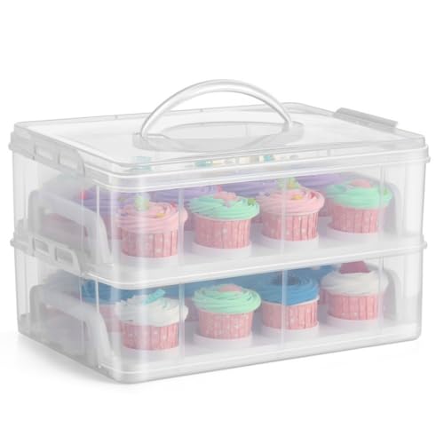 Flexzion Cupcake-Träger Behälterbox (24 Schlitz, 2 Etagen) - 24 Cupcakes-Slots oder 2 große Kuchen Gebäck Klarsicht-Kunststoff Aufbewahrungskorb Tragebox mit 2 Etagen stapelbare Lage Einsatz (klar) von Flexzion