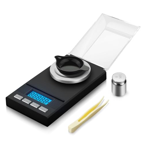 Flexzion Digitale Milligramm-Skala Taschenformat Präzisions-Gramm-Skala 50g/0.001g, Tragbare Mini-Küchenmedizin Unzen Karat/w Waagschale, Pinzette, Gegenlicht, Windabdeckung, Kalibrierung, Tara von Flexzion