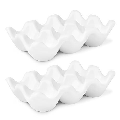 Flexzion Eierkiste aus Porzellan – 6 Eier Kapazität Keramik Eierablage halbes Dutzend Eierhalter für Kühlschrank, Arbeitsplatte Display – weiße dekorative Servierschale und Aufbewahrungs-Organizer, 2 von Flexzion