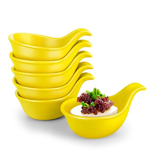 Flexzion Keramik-Dip-Schalen, kleine Schalen zum Dippen mit Griff, Gewürzbecher, Sojasaucenschale, Porzellanauflaufförmchen, Soßenhalter, Behälter für kleine Beilagen, Dips, 85 ml, Gelb, 6 Stück von Flexzion