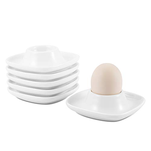 Flexzion Keramik Eierbecher Set, 6er Porzellan Eierhalter mit Ablage, Eierteller Eierplatte Eierbehälter Eierträger Eierständer für Zuhause Küche Kühlschrank Restaurant Frühstückset, Weiß (6er Pack) von Flexzion