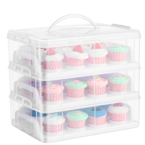 Flexzion Kuchen-Carrier-Halter-Behälter Box - 36 Cupcakes Schlitz oder 3 großer Kuchen-Gebäck durchsichtige Kunststoff-Speicher-Korb Taker Courier mit 3 Tiere stapelbare Layer-Insert 36 Slot, 3 Tie von Flexzion