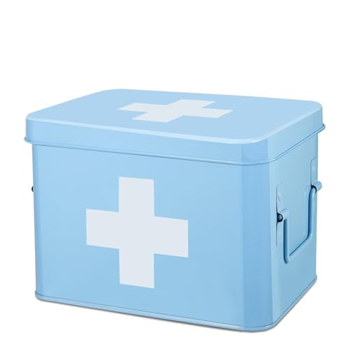 Flexzion Medizinbox, Hausapotheke Box, Apothekenbox - 21x16x15cm Medikamenten Aufbewahrung Box aus Metall für Notfall, Erste Hilfe Schrank, mit Seitengriffen, abnehmbarem Tablett & 4 Fächern, blau von Flexzion
