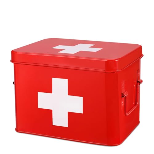 Flexzion Medizinbox, Hausapotheke Box, Apothekenbox - 21x16x15cm Medikamenten Aufbewahrung Box aus Metall für Notfall, Erste Hilfe Schrank, mit Seitengriffen, abnehmbarem Tablett & 4 Fächern, rot von Flexzion