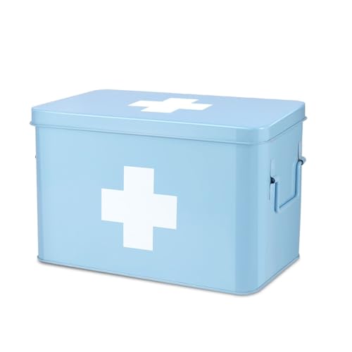 Flexzion Medizinbox, Hausapotheke Box, Apothekenbox - 31x20x19cm Medikamenten Aufbewahrung Box aus Metall für Notfall, Erste Hilfe Schrank, mit Seitengriffen, abnehmbarem Tablett & 5 Fächern, blau von Flexzion