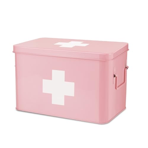 Flexzion Medizinbox, Hausapotheke Box, Apothekenbox - 31x21x19cm Medikamenten Aufbewahrung Box aus Metall für Notfall, Erste Hilfe Schrank, mit Seitengriffen, abnehmbarem Tablett & 5 Fächern, rosa von Flexzion