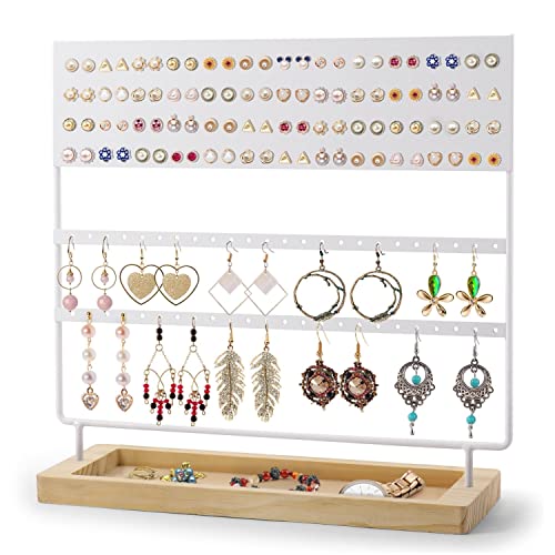 Flexzion Ohrringhalter Organizer, Ohrringhänger Rack Display Ständer, Metall Schmuckturm baumeln und Creolen Ohrringständer, 144 Löcher mit Holzsockel Tablett für Schmuck und Zubehör, Weiß von Flexzion