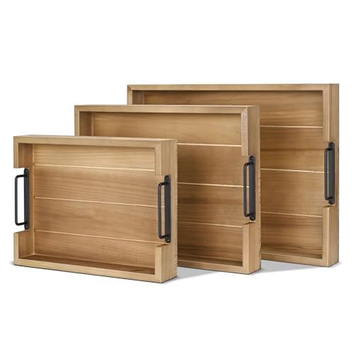 Flexzion Rustikales Serviertablettt, 3-teiliges stapelbares Serviertablett aus Tannenholz mit Griff, Frühstückstablett aus Holz, langlebiges verschachteltes Charcuterie-Tablett für von Flexzion